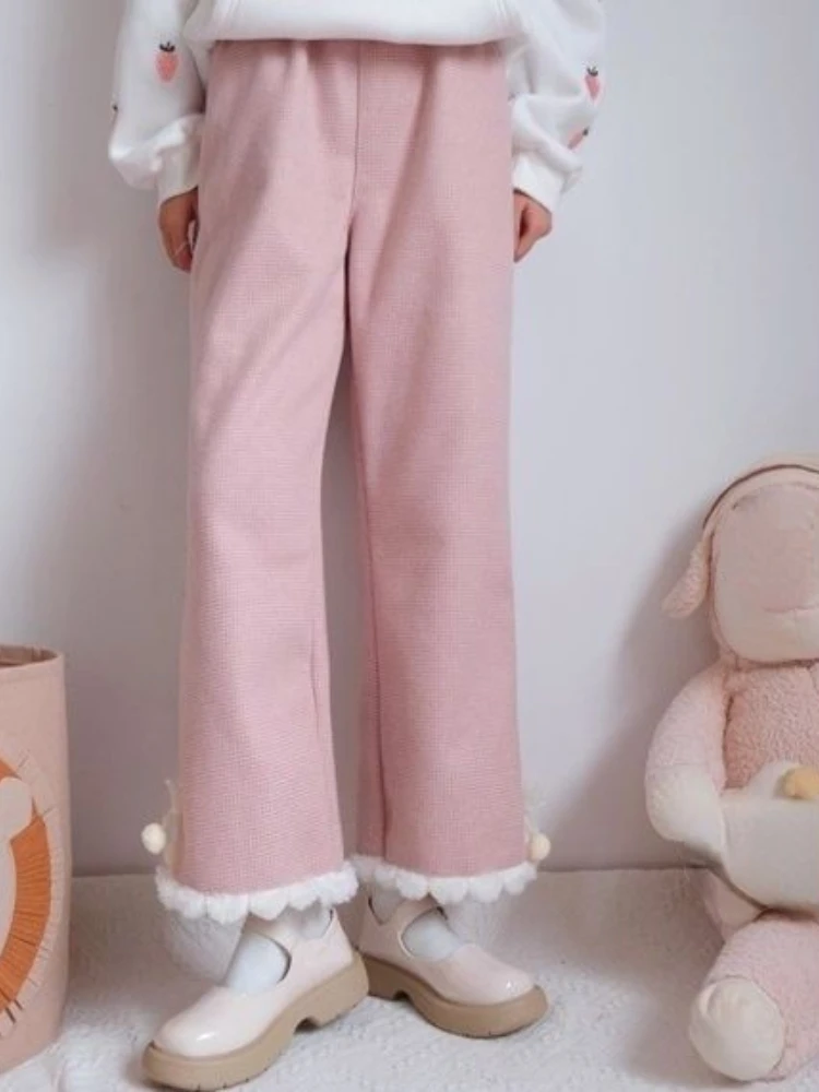 

Winter Warm Kawaii Sweet Pants Women Japanese Lolita Cute Pink Trousers Female Bow Loose Casual Korean Straight Leg Pants 2024