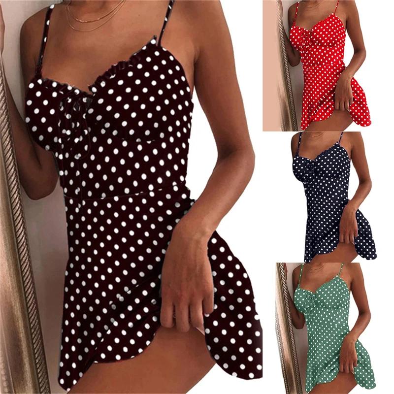 

Summer Tie Front V Neck Elegant Sexy Dot Print Mini Dress Women Off Shoulder Ruffle Party Dress Femme Backless A-Line Dresses