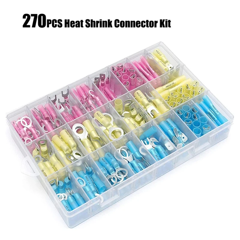 

270 PCS Automotive Heat-Shrinkable Wire Connector Kit Insulated Crimp Terminal Connector for Marine Car Motorcycle
