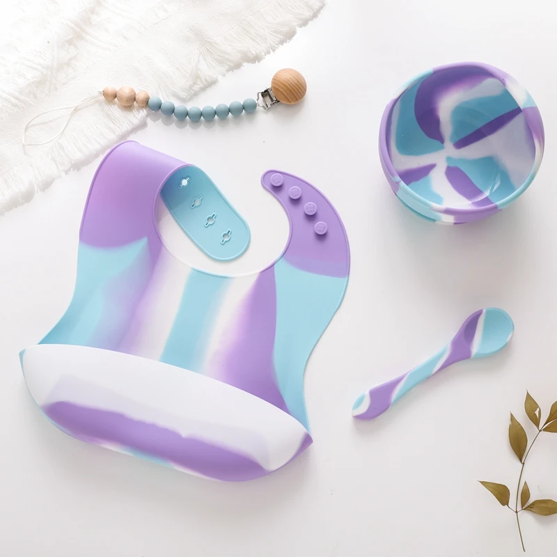 

Food Grade Silicone Tableware Set High Temperature Resistance Environmental Protection Food Supplement Bowl Spoon Bib