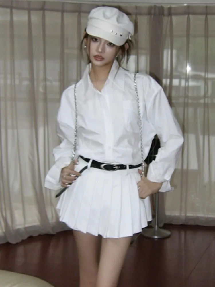 Женский комплект из двух предметов Y2K белая плиссированная мини-юбка с длинным