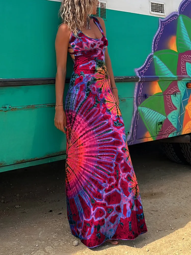 

HuaYang 2023 O-Neck Backless Fashion Maxi Dress Women Summer Sleeveless Printing Loungewea