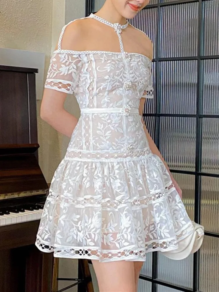 

Женское Сетчатое платье с квадратным вырезом, модельное элегантное белое асимметричное платье в Корейском стиле с пышными рукавами, лето
