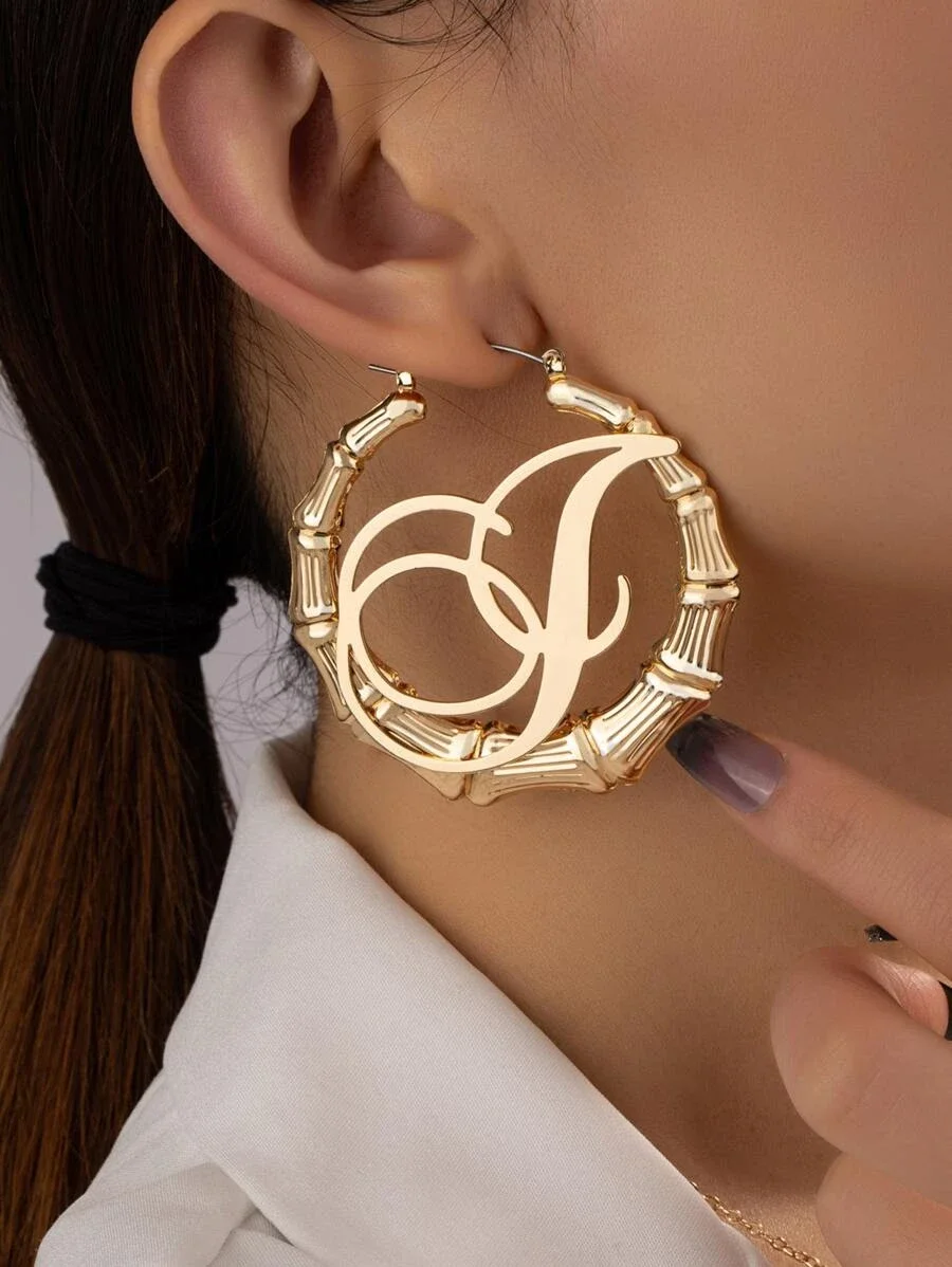 

Letter Decor Bamboo Joint Hoop Earrings for Women Alphabet Geometric Bamboo Earrings