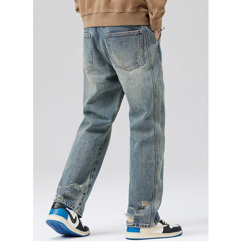 Streetwear Men Large Loose Broad Leg Blue Jeans Autumn and Winter New Pattern Falling Feeling Mopping The Floor Trousers Female