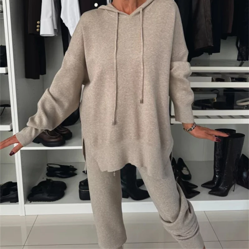 Autumn Winter Women's Hooded Top 2 Piece Set Casual Solid Loose Sports Pants Suit New 2024 Fashion Commuting Sweatshirt Outfits