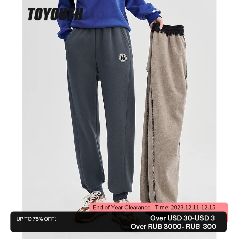 

Toyouth Women Fleece Sweatpants 2022 Winter Elastic Waist Straight Long Trousers Beige Grey Black Warm Casual Sport Pant