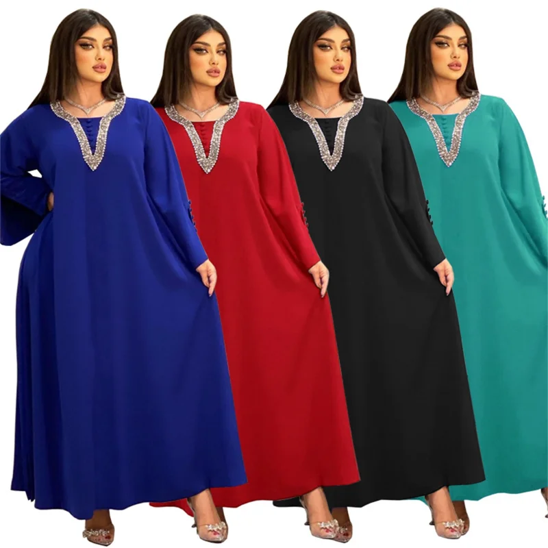 Muslim Woman Abaya Rhinestone Casual Loose Modest Dress Islam Oman Qatar Moroccan Kaftan Dubai Luxury Dresses For Prom