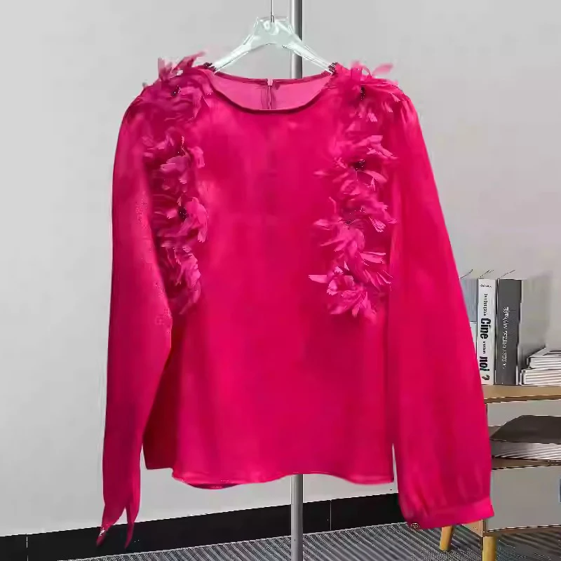 KBQ однотонные шикарные рубашки с аппликацией для женщин круглым вырезом в стиле