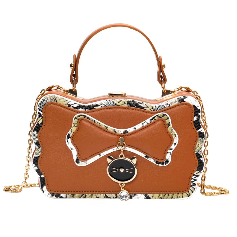 

Women Bow Handbags Fashion Chains Shoulder Bags For Ladies Classic Style Crossbody Flaps Female Cat Prints Messenger Satchels