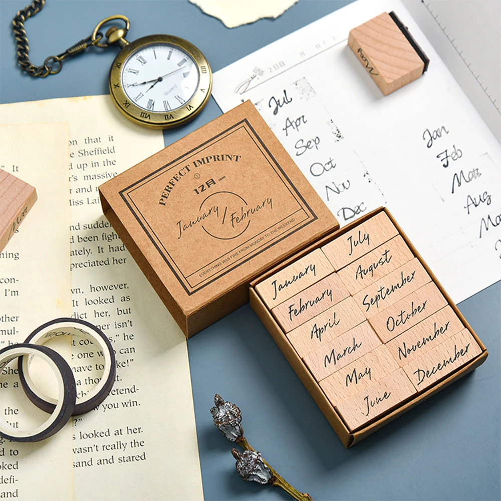

Week Months Number Design Decorative Wooden Rubber Number Stamp Set Vintage for Card Making DIY Craft