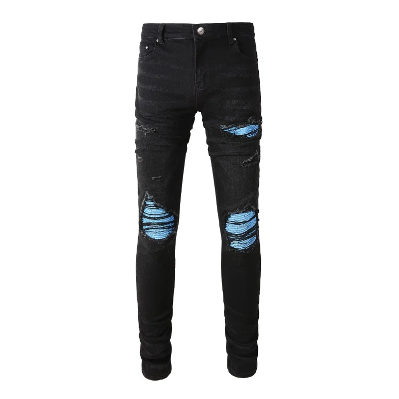 

New Arrivals Men's Black Slim Fit Steetwear Style Blue Bandana Ribs Patchwork Skinny Stretch High Street Distressed Ripped Jeans