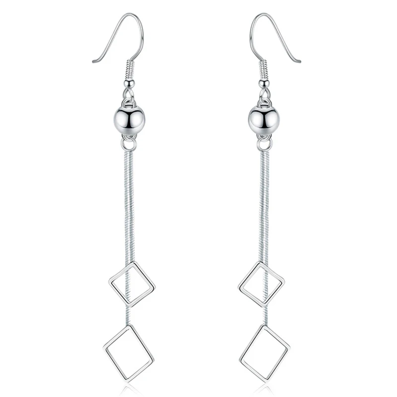 Длинные квадратные двухслойные серьги с кисточками розового золота и