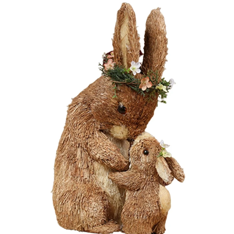 

Practical Creative Mother Child Easter Rabbit Decoration with Flower Cute Straw Bunny Home Decorative Ornaments