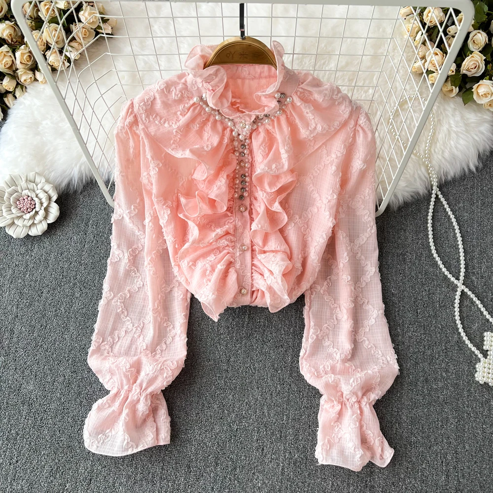 

Осенняя Стразы рубашка в стиле ретро со стоячим воротником и бусинами в форме листа лотоса