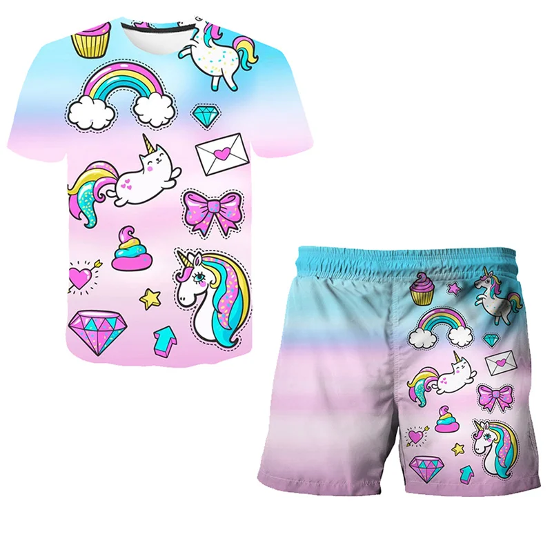 

New Summer Baby Unicorn Clothes Suit Children Fashion Boys Girls Cartoon T-Shirt Shorts 2Pcs set Casual Clothing Kids Tracksuits