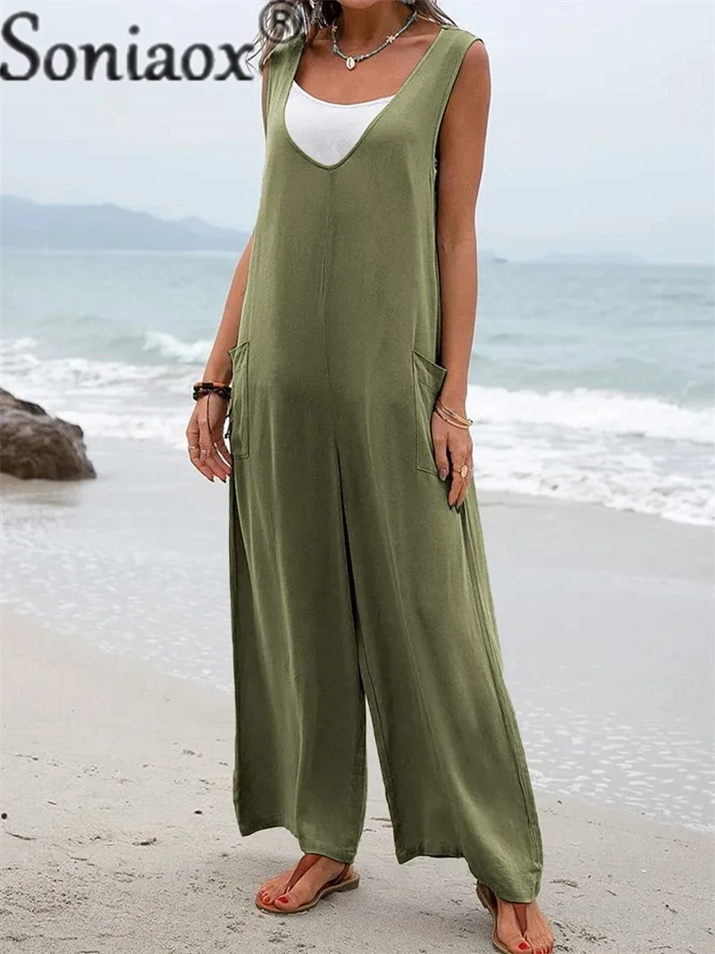 Fashion V-shaped Backless Solid Color Jumpsuit Female 2023 Summer Casual Wide Leg Pants Splicing Pocket Women's Commuter Rompers