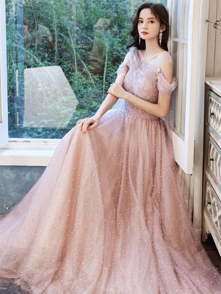 

Женское элегантное однотонное платье, розовое летнее длинное ТРАПЕЦИЕВИДНОЕ ПЛАТЬЕ с бусинами и открытыми плечами, A069