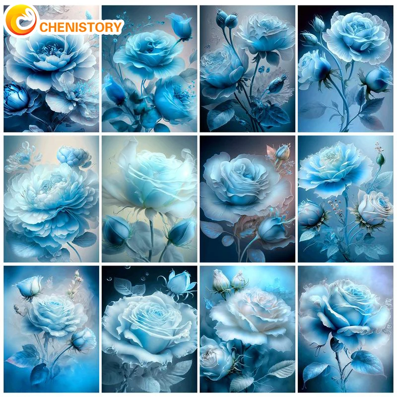 

CHENISTORY 60x75cm Paint By Numbers Blue Rose Landscape DIY Oil Painting By Numbers On Canvas Frameless Hand Painting Decor