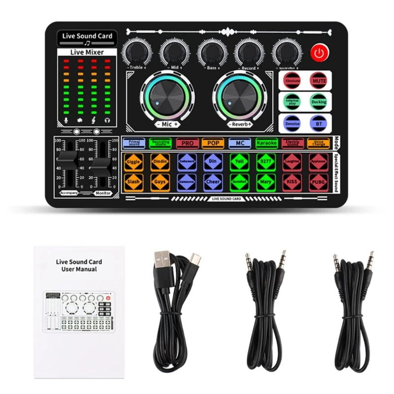 

Live Sound Card Mixer Podcast Sound board Voice Changer Sound Board for Phone PC Computer DJ Music Studio P9JB