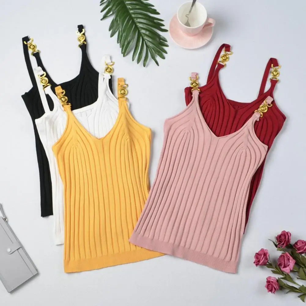 

Trendy Women Summer Vest High Elasticity Women Summer Tank Top V-neck Daily Wear Pure Color Lady Camisole
