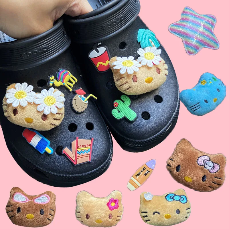 

Hawaiian Vacation Hello Kitty Shoe Buckle Set Kawaii Sanrios Black Brown Kt Cat Charm Diy Accessories Hole Shoes Croc Decoration