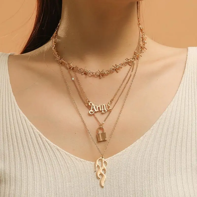 

4 Pcs/set Vintage Metal Multilayer Necklace Angel Alphabet Lock Long Clavicle Chain Fashion Accessories Jewelry