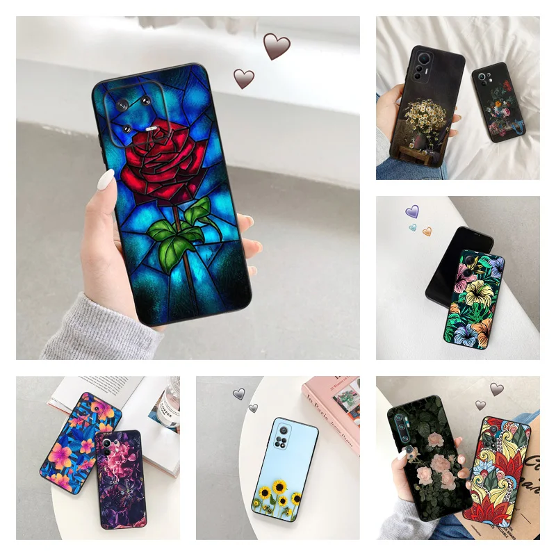 

Силиконовые черные чехлы для телефонов Redmi Note 12 Pro 11 SE 11 S A1 Plus 10C Prime 11E 11T 10 Lite 10S, с рисунком листьев, красной розы