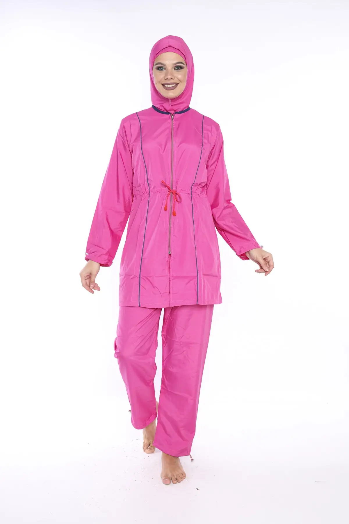 

Zipper Does Not Hold Water Piping Pink Hijab Swimwear, Haşema Set Plain Color Full Indoor Cycling Neck Beach Clothing