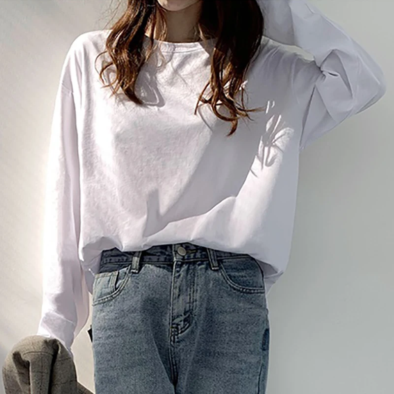 

2022 Spring Autumn Cotton T-shirt Women Basic White Black Loose Tshirt Female O Neck Long Sleeve Top Casual Tee Shirt Femme Tops