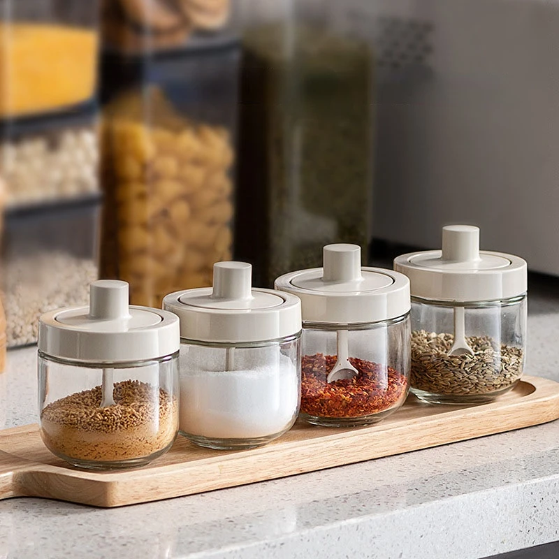 

Kitchen Glass Spice Jars Seasoning Organizer Bottle With Spoon Lid Oil Brush Honey Soy Sauce Canister Salt Pepper Shakers