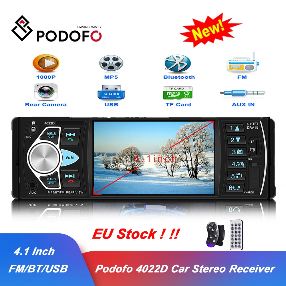 Podofo Car Radio 1 Din Stereo MP5 Player Bluetooth FM USB Autoradio 4.1 Inch Support Rear View Mirrolink Steering Wheel Control