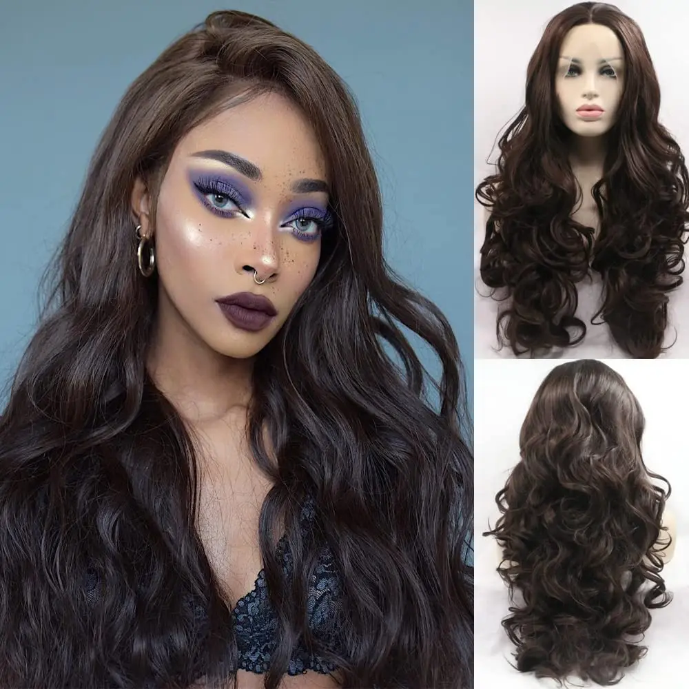 

6# Natural Brown Long 24 Inches Curly 13*3 Synthetic Lace Front Wig Heat Resistant Fiber for Women
