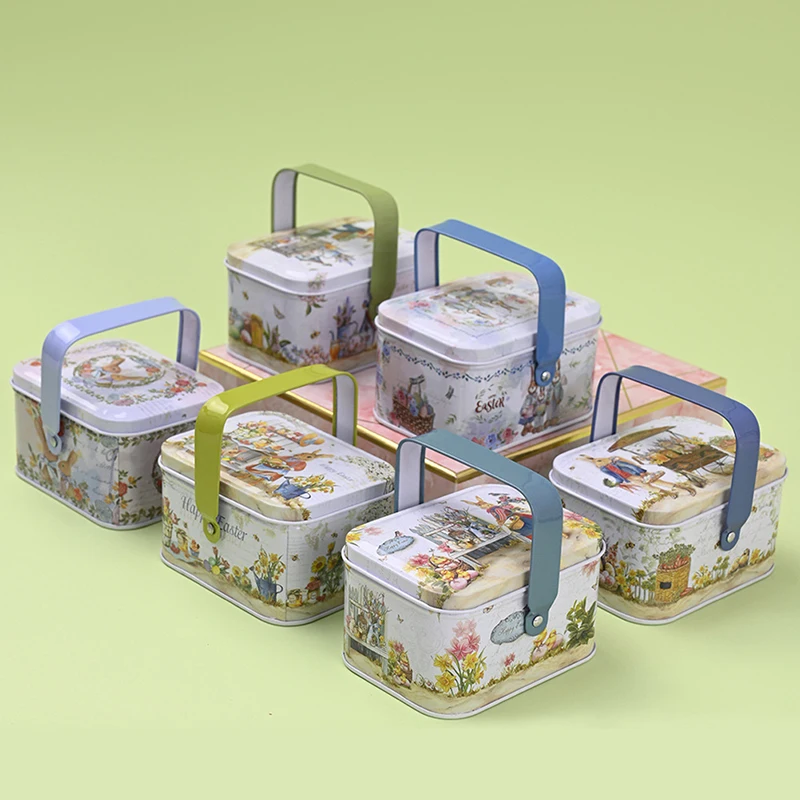 

1PC Vintage Metal Tin Storage Case Rabbit Candy Box Gift Box Cookie Gift Box Small Suitcase Sundries Organizer Storage Can