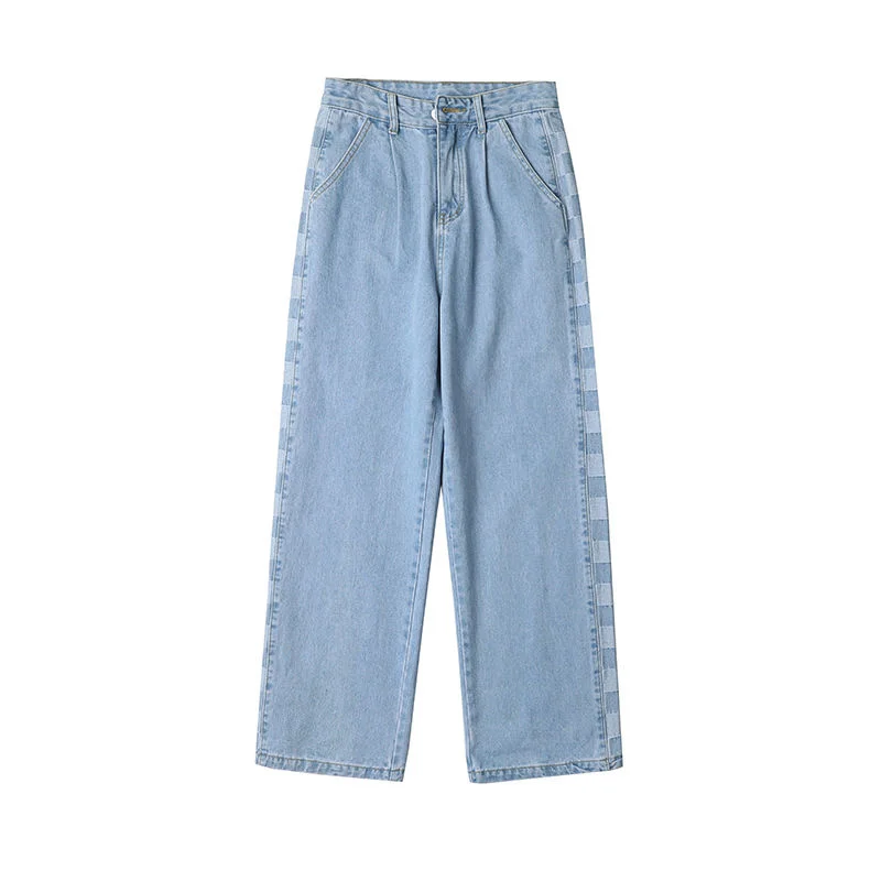 Privathinker Side Plaid Jeans For Men Loose Fashion Straight Denim Pants Harajuku Streetwear Hip Hop Casual Male Trousers