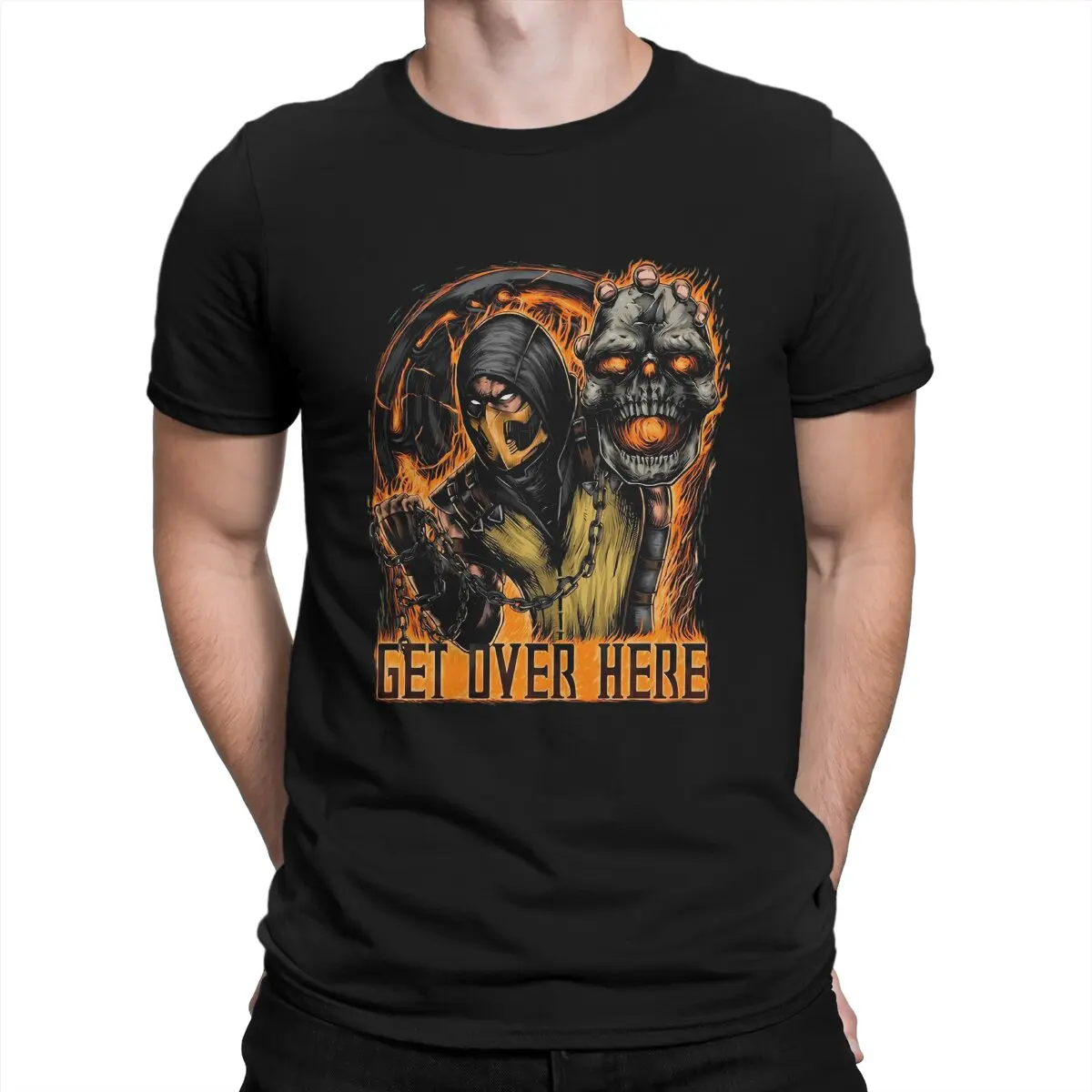 

Футболка мужская с надписью «Get Over Here», хипстерская рубашка из чистого хлопка с круглым вырезом, в стиле бойцовская игра Mortal Kombat