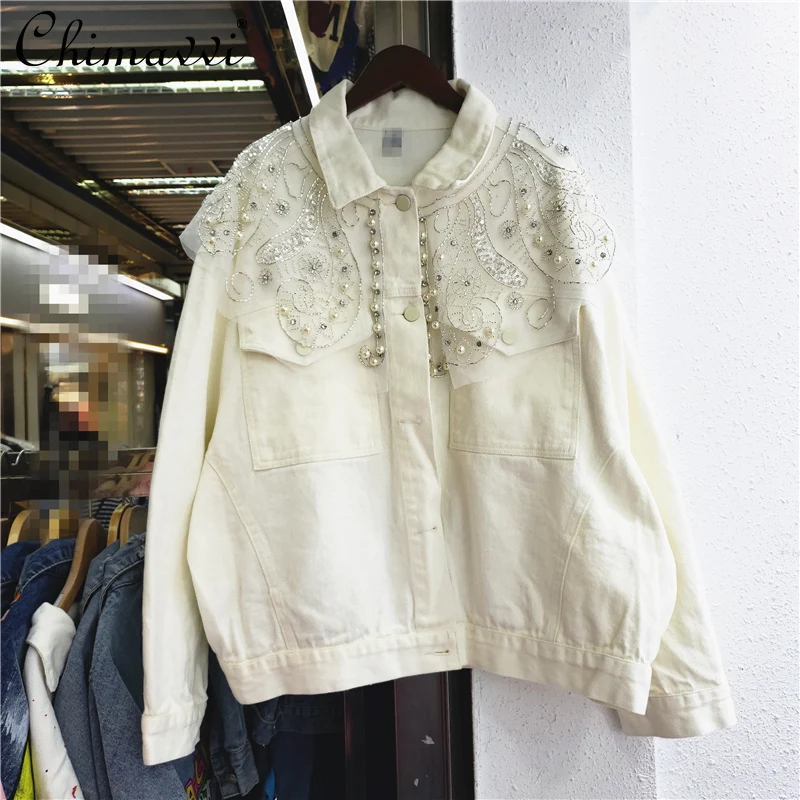 

European 2022 Spring Women New Fashion Loose Beads Denim Jacket Ladies High Street Beads Shawl Versatile Solid Color Jeans Coat