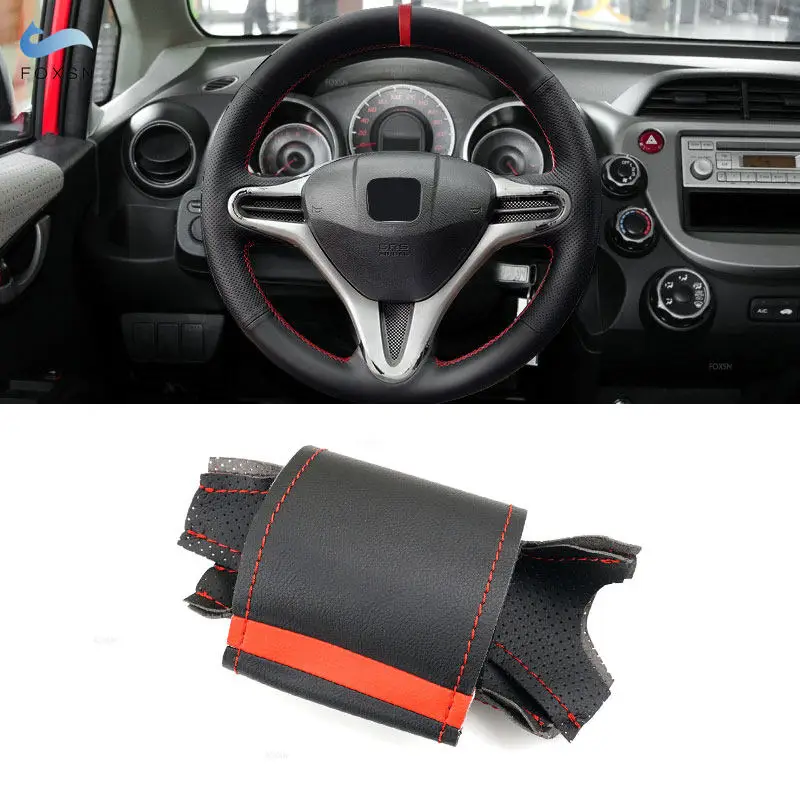 

Car Styling Perforated Leather Steering Wheel Cover Trim For Honda Fit Jazz City 2009 - 2011 2012 2013 Insight 2010-2014 red bar