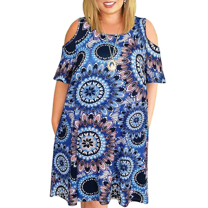 

2022 New Summer Women Dress Hollow Out Sexy Off Shoulder Short Sleeve Dress Plus Size Vintage Print Loose Casual Dress Vestidos