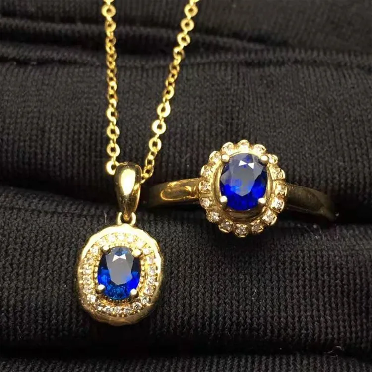 

Свадебный комплект ювелирных изделий из 18-каратного золота с натуральным сапфиром, винтажное ожерелье 0,35 карата, кольцо 0,5 карата