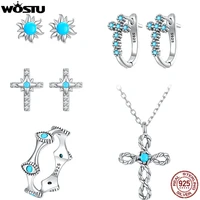 wostu turquoise series 925 sterling silver evil eye rings cross drop hoop earrings braided charm necklace women party jewelry