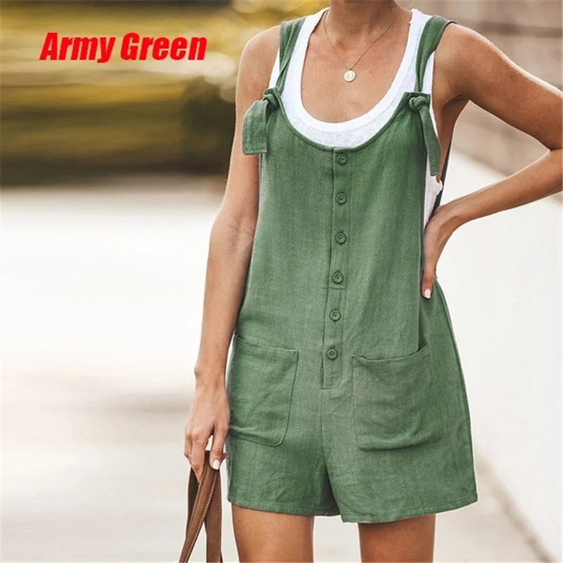 

New Women Rompers Summer Casual Loose Sleeveless Jumpsuit Solid Button Pocket Suspenders Bib Short Pants Wide Leg Playsuits 2023