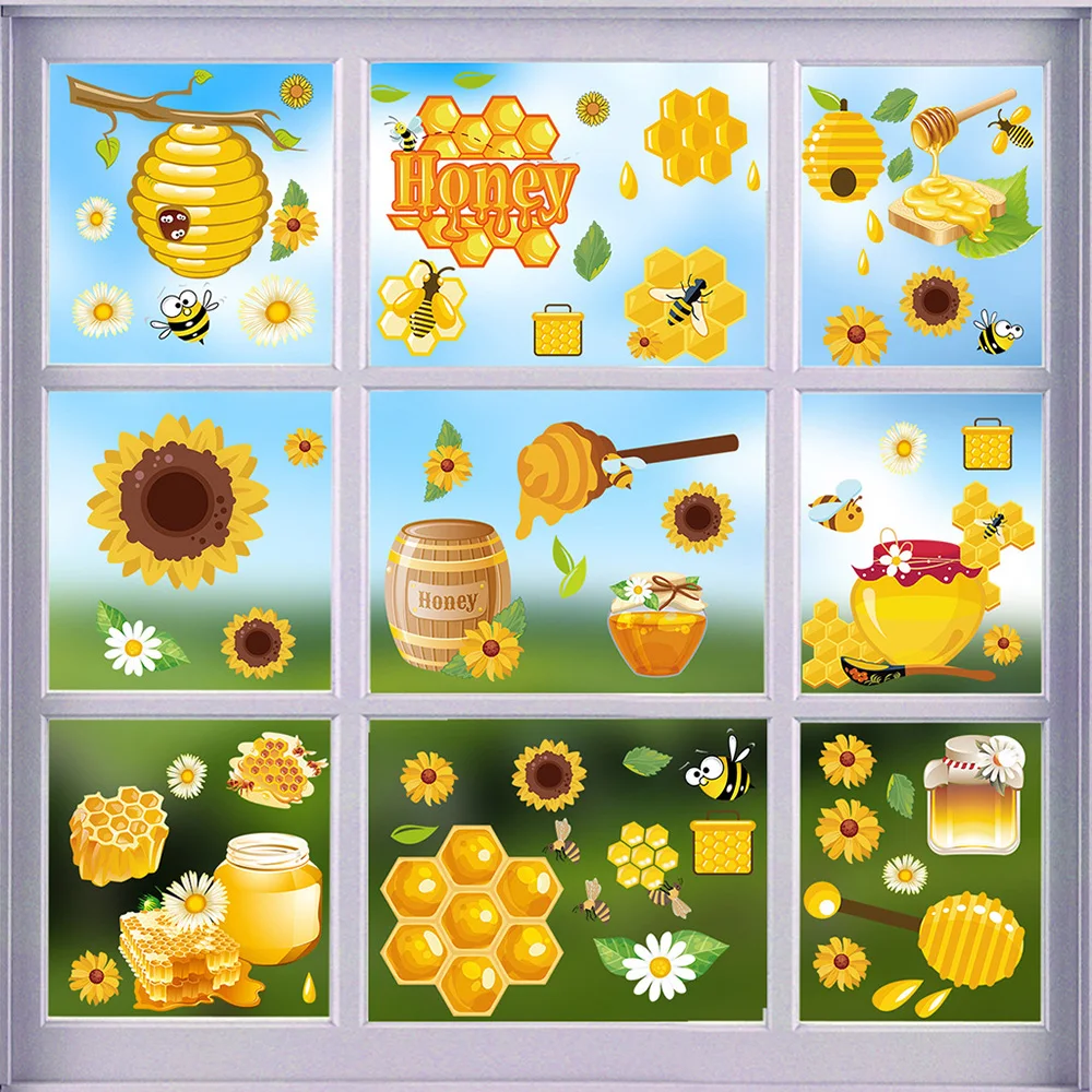 

Bee Collecting Honey Flower Electrostatic Stick Wall Stickers Removable Vinyl Wall Decals Wallpaper Household Room Decoration