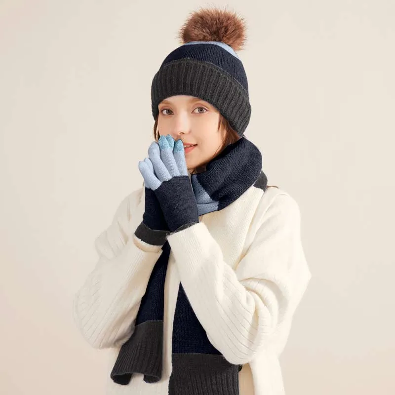 

Women&Men Autumn Winter Warm Wool Hat Scarf Gloves Slouchy Three Pieces Winter Snow Knit Cap Screen Mittens Scarves Sets