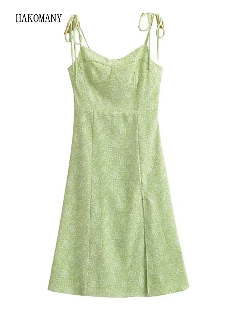 

2023 Women Corset Style Elastic Back Hem Slit Midi Robe Retro French Style Green Small Daisy Flower Print Lacing up Sling Dress