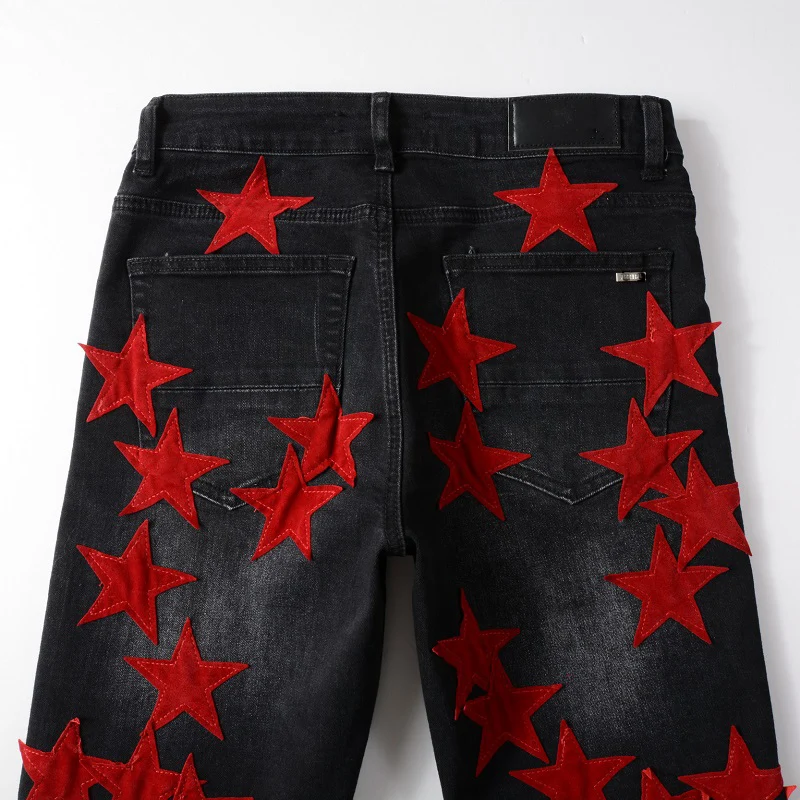 New Mens Black Slim Fit Streetwear Fashion Distressed Denim Pants Skinny Stretch Red Stars Leather Stars Patchwork Ripped Jeans