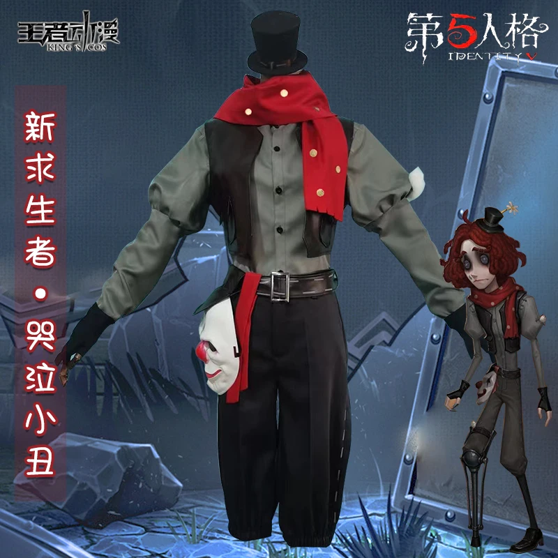 

Anime Game Identity V Joker Smiley Face Clown Cosplay Costume Set Wig Wine Short Wavy Curly Hair Halloween Party Role Play Gift