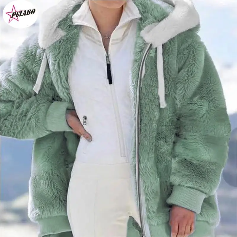 

Winter Women Jacket Warm Plush Casual Loose Hooded Coat Mixed Color Patchwork Winter Outwear Faux Fur Zipper Ladies Parka Coat