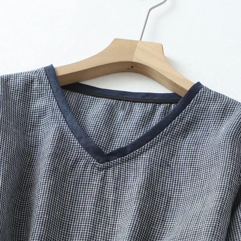 2024 новое летнее льняное плетение в клетку с v-образным вырезом и шнурком