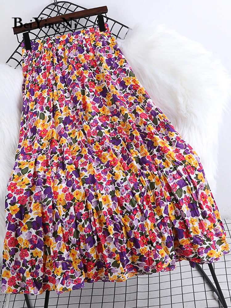 

Beiyingni 2022 Summe Korean Fashion Pleated Skirts for Women Floral Print Vintage High Waist Midi Skirt Kawaii Casual Faldas